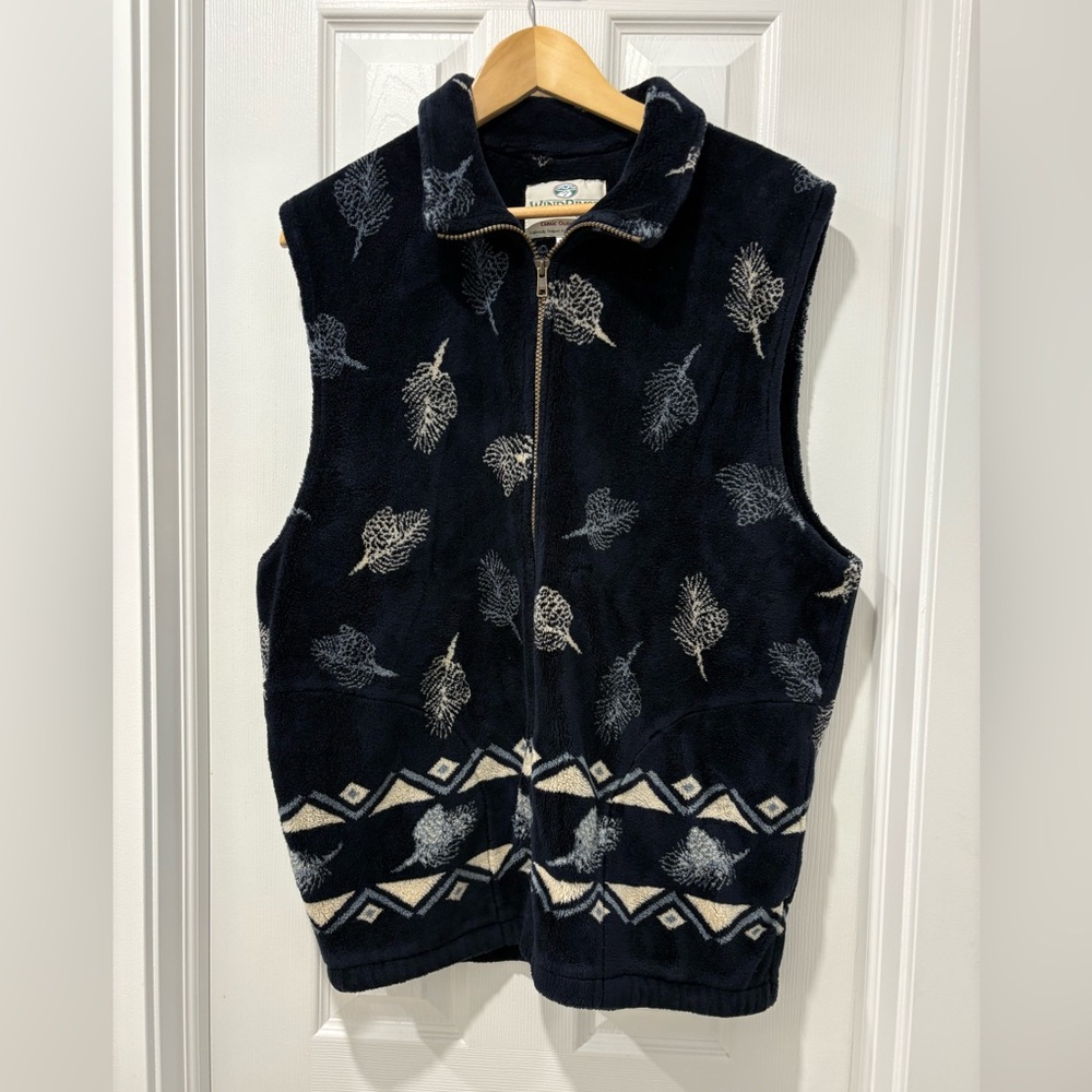Vintage 1990s Blue Leaf Pattern Vest Full Zip *$20 Item 2/$30* Large